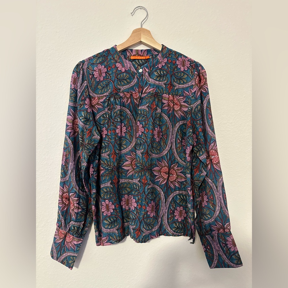 Oliphant Teal Floral Button-Up Blouse with Pink Accents